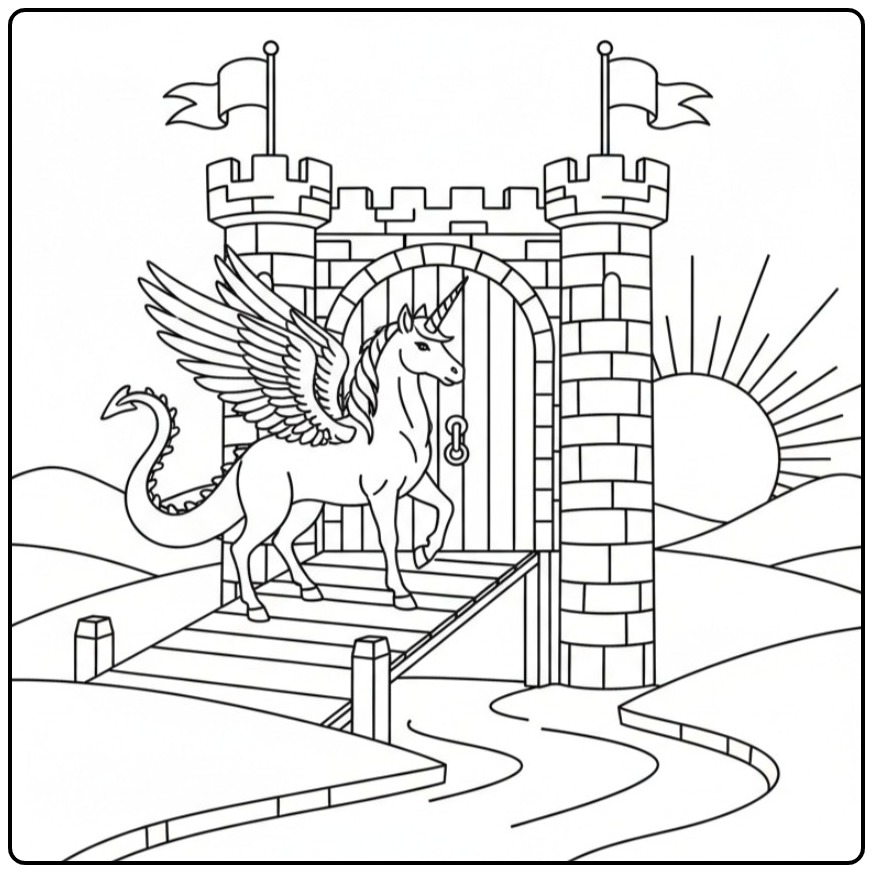 Un majestueux coloriage dragon licorne ailé devant son château.