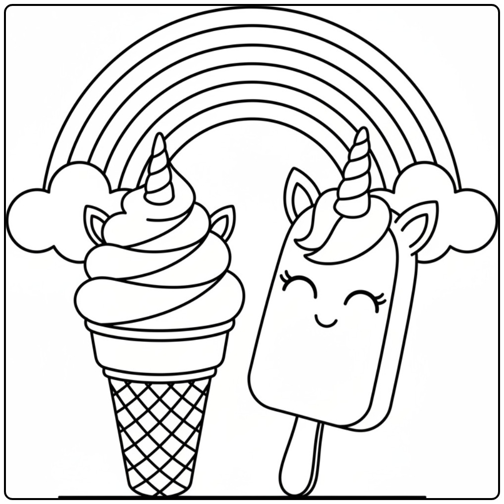 Un adorable coloriage glace licorne avec un cornet et un esquimau.