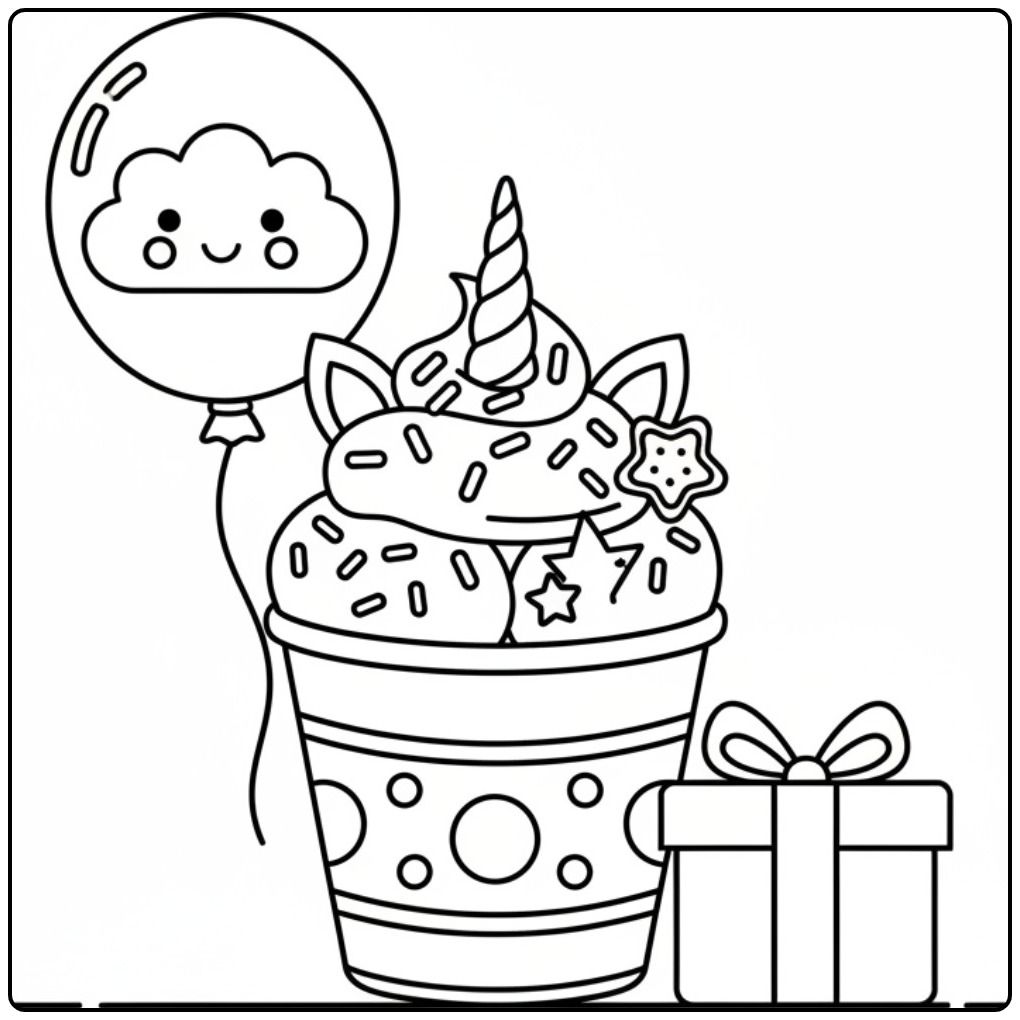 Un mignon coloriage glace licorne avec un ballon et un cadeau.