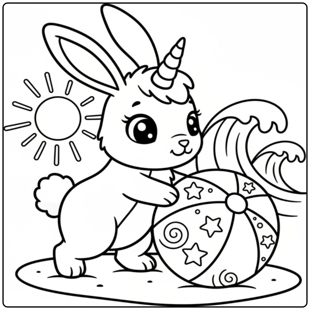 Un adorable coloriage lapin licorne jouant sur la plage ensoleillée.
