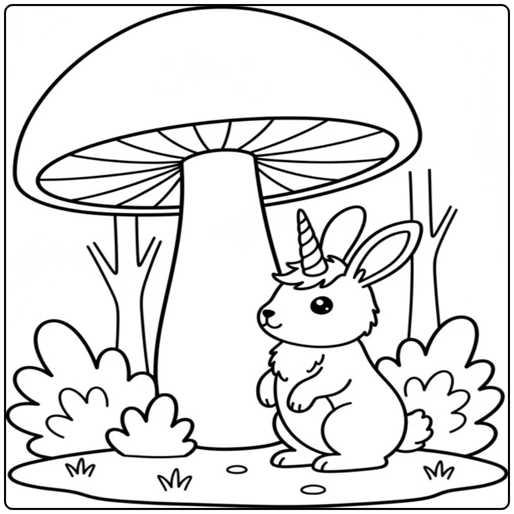 Adorable coloriage lapin licorne debout près d'un champignon.