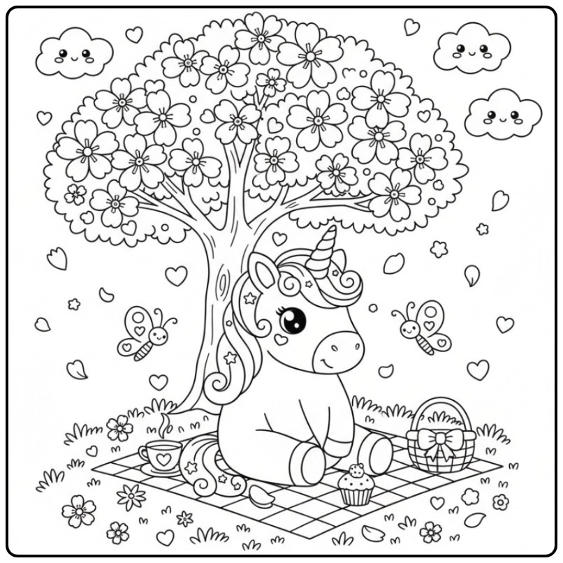 Scène de pique-nique Coloriage licorne et fleurs de cerisier.