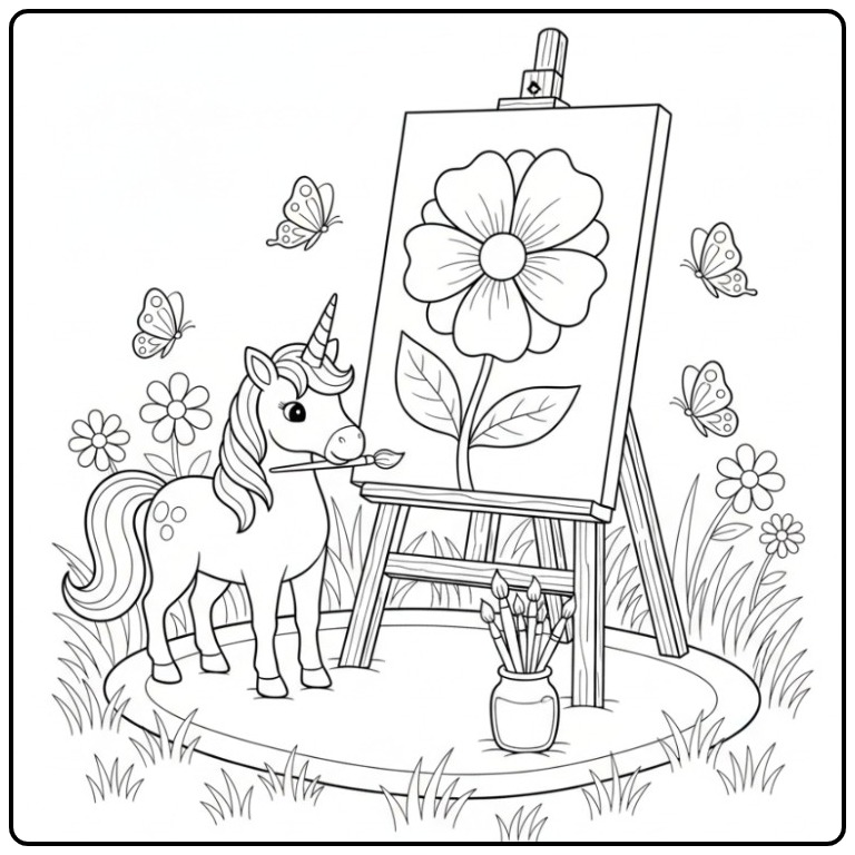 Une licorne artiste pour un coloriage licorne fleur magique.