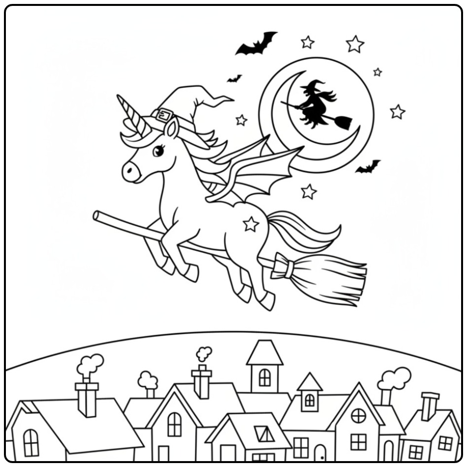 Un adorable coloriage licorne halloween volant sur un balai.