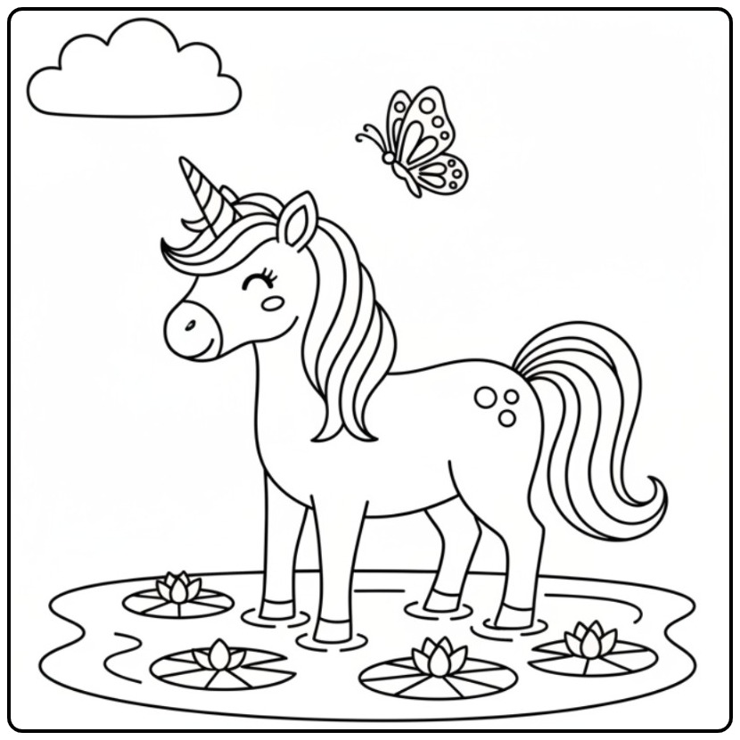 Une jolie scène de coloriage licorne papillon dans un étang.