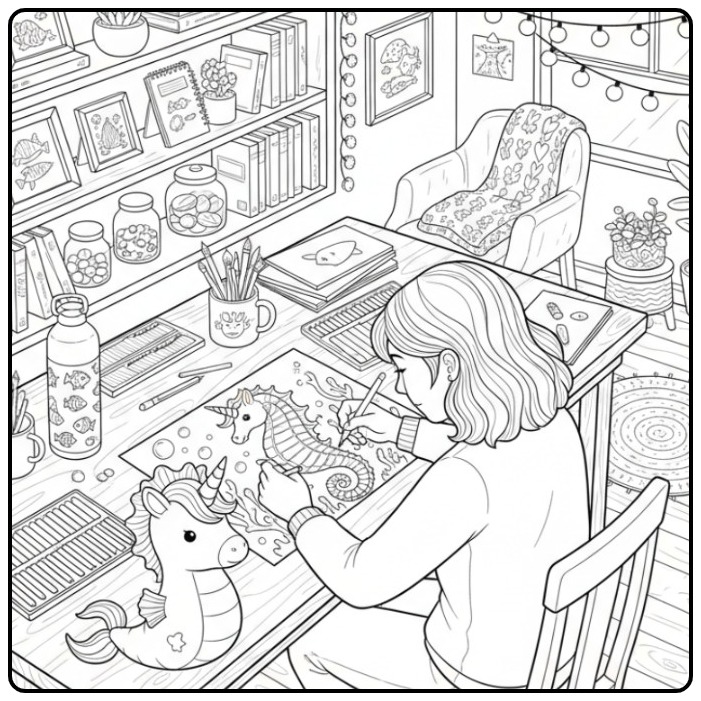Une jeune artiste dessinant un coloriage hippocampe licorne.