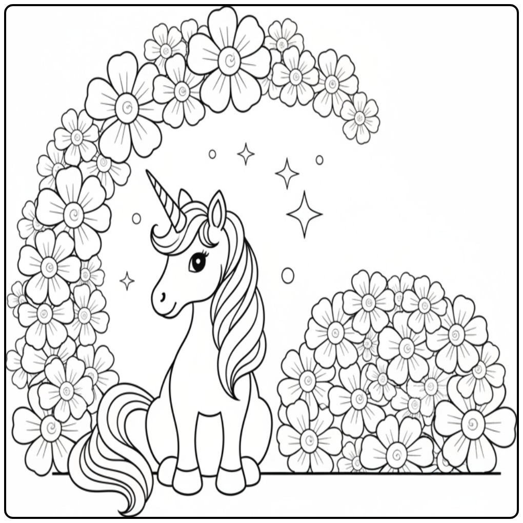Dessin mignon d'une licorne pour un coloriage licorne fleur.