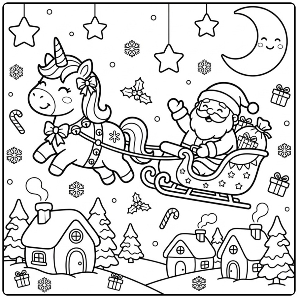 Adorable Page de coloriage Licorne de Noël et Père Noël en vol.
