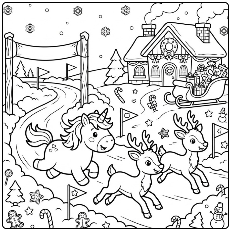 Page de coloriage Licorne de Noël et Renne dans une course magique.