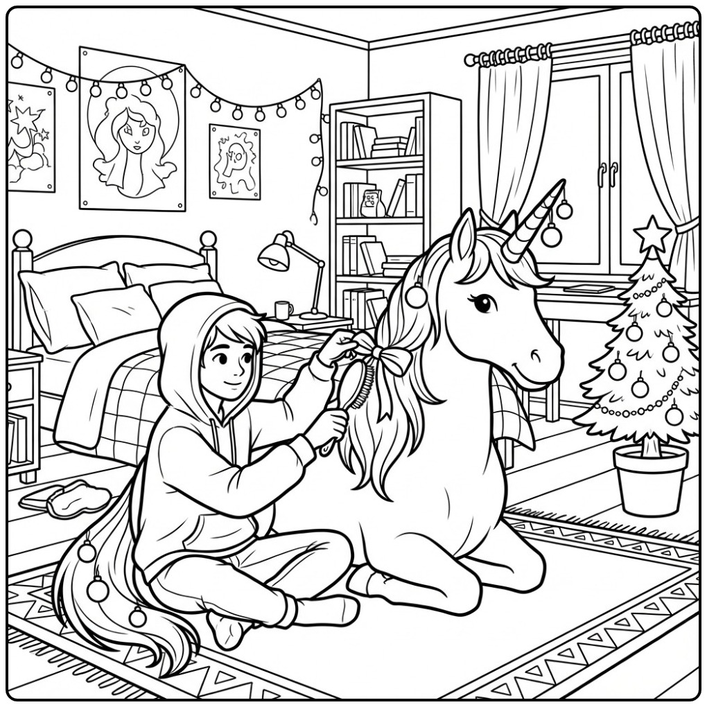 Un enfant brossant la crinière pour un coloriage licorne noel.