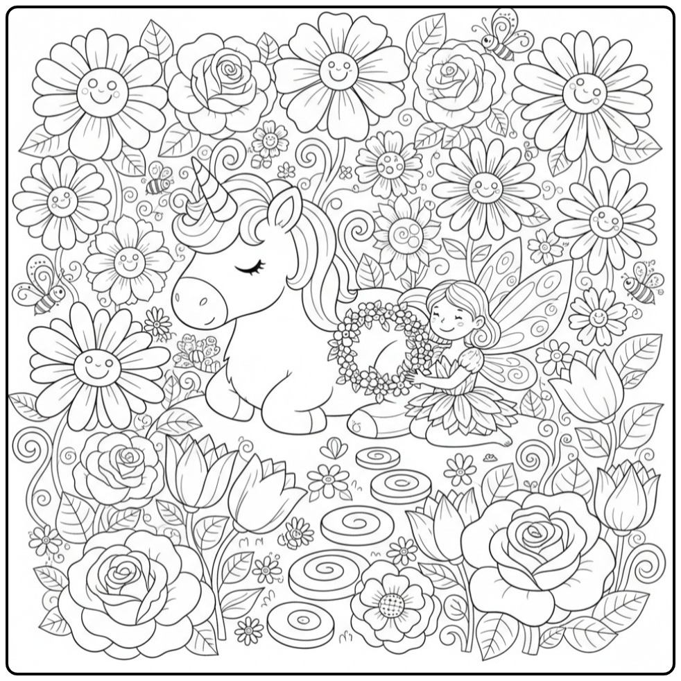 Une fée et son ami dans ce Coloriage Licorne et Jardin Fleuri.