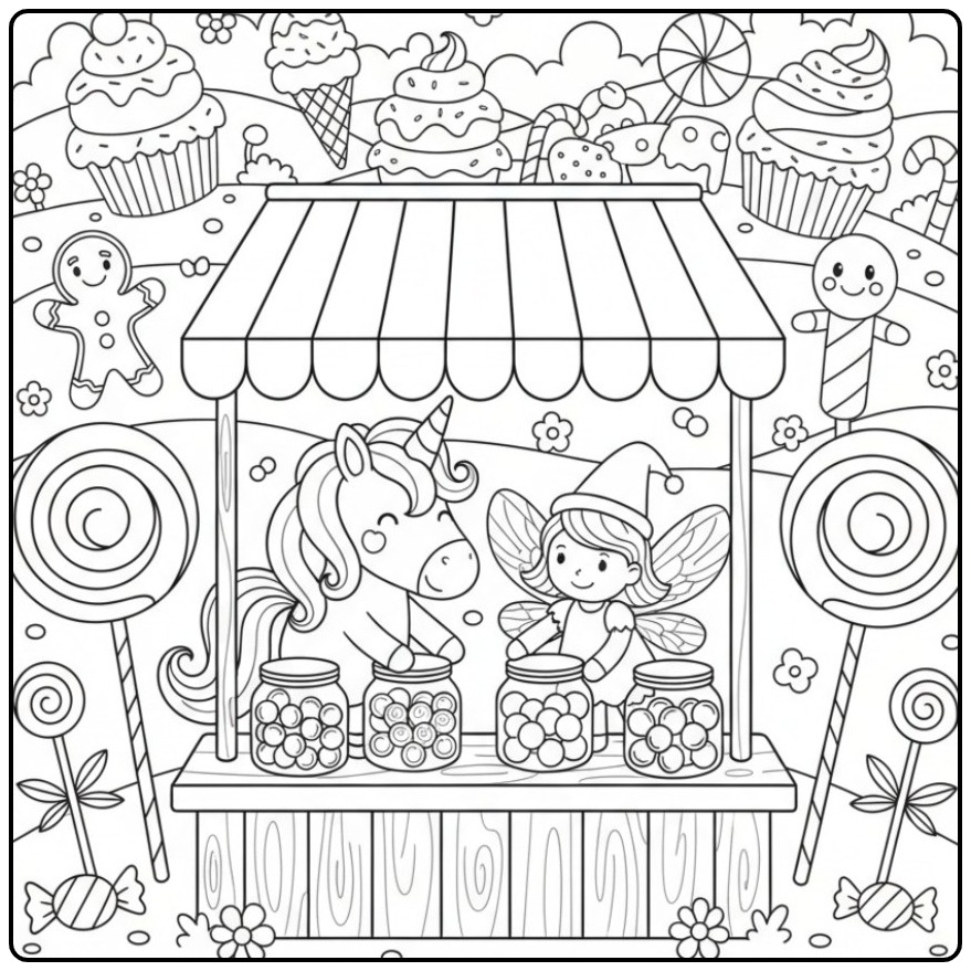 Une fée et son amie au Coloriage Licorne et Pays des Bonbons.