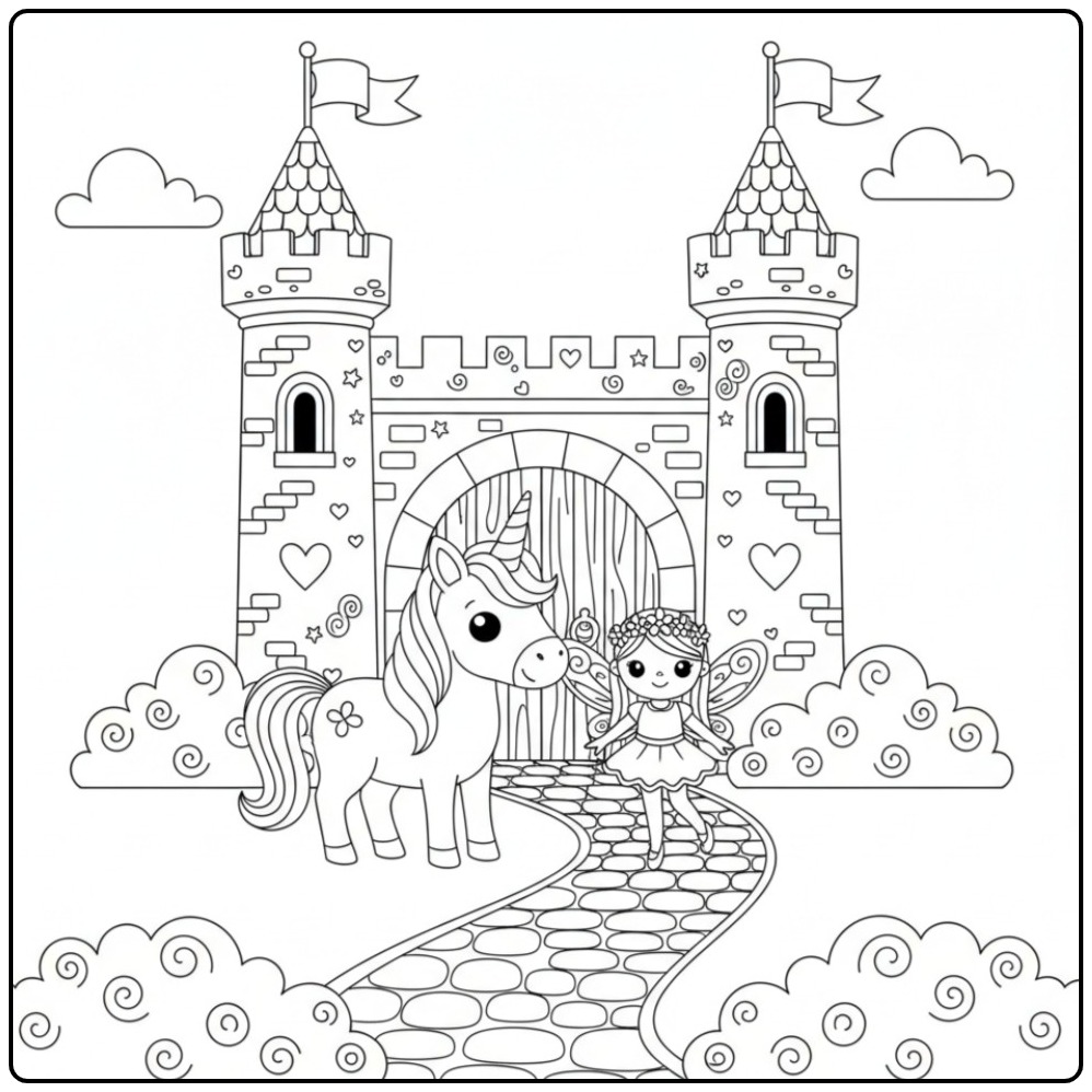 Une jolie fée et sa licorne devant un Coloriage Licorne et Château.