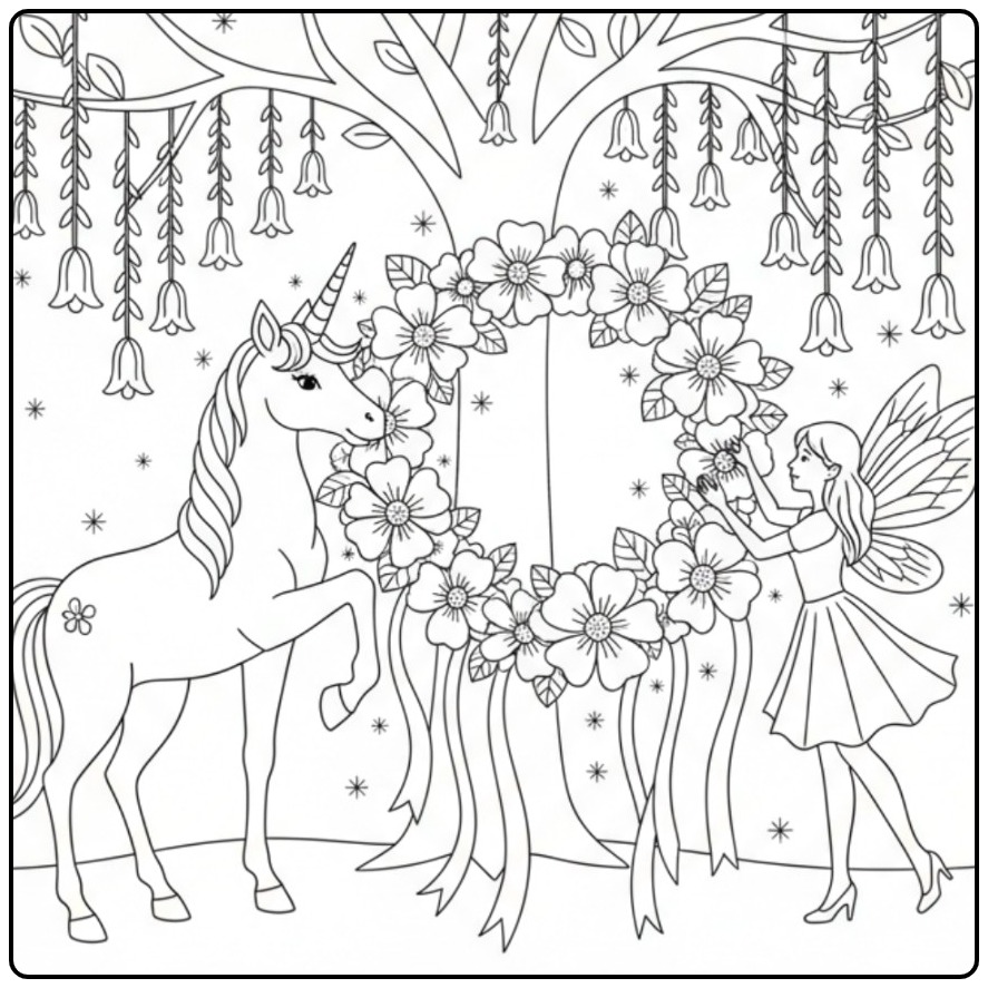 Une fée et une créature magique, coloriage licorne fleur.