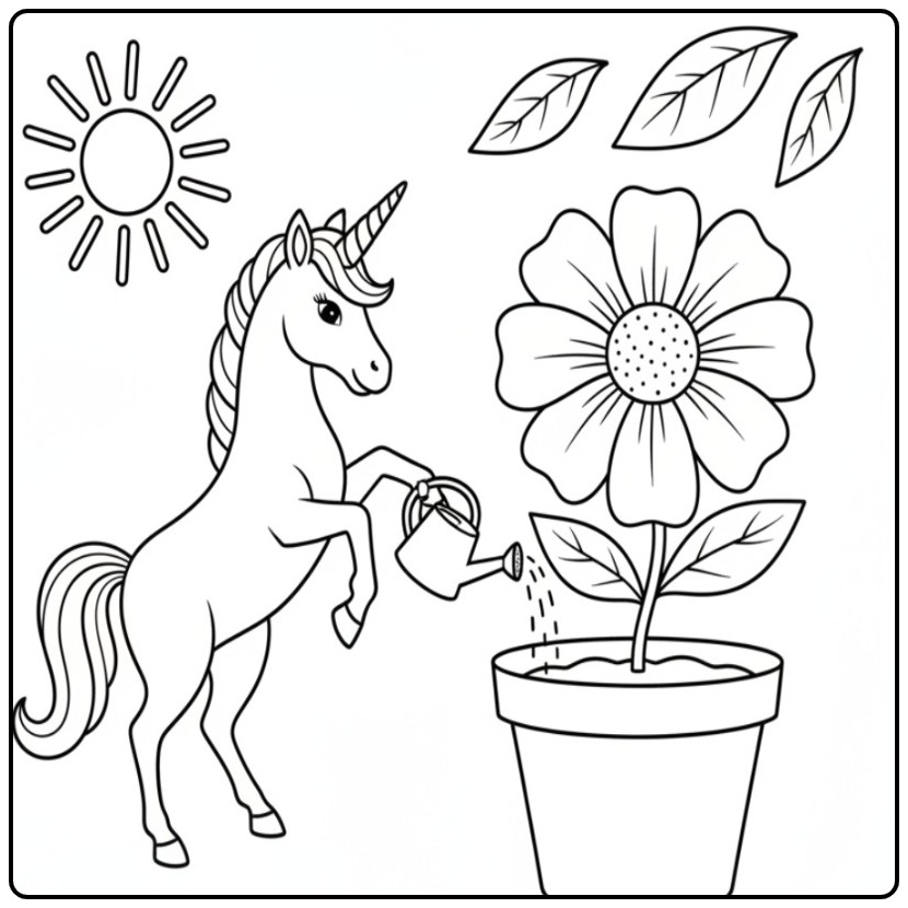 Dessin d'une créature magique, un coloriage licorne fleur.