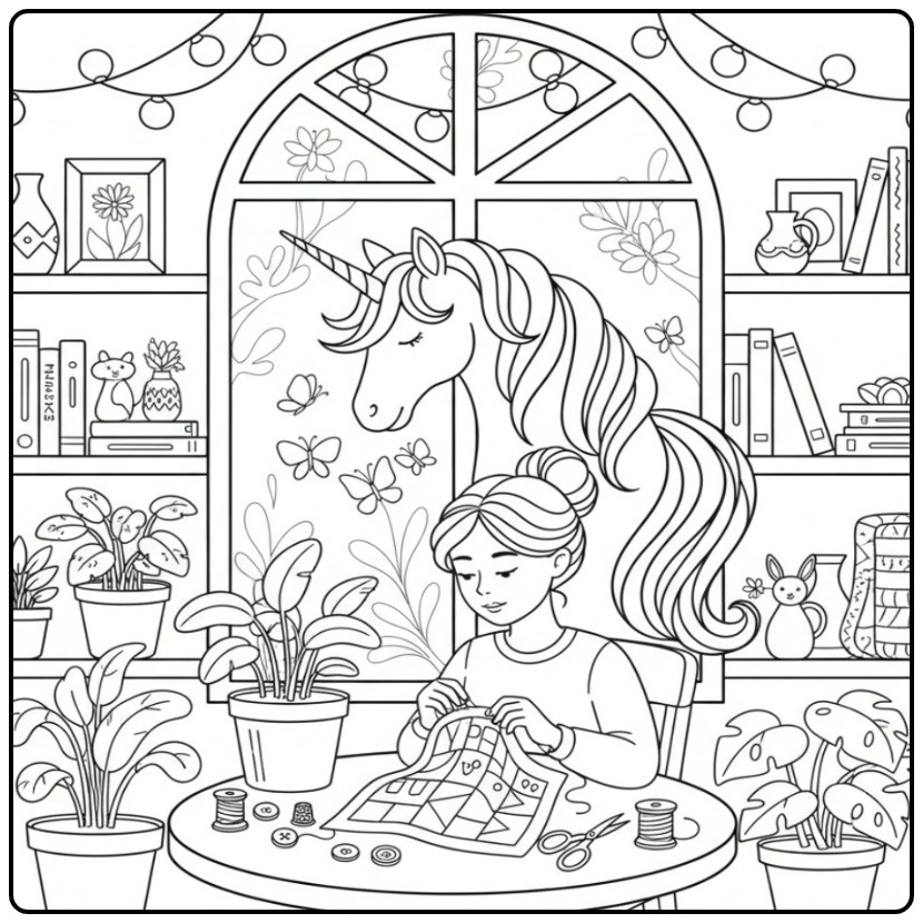 Une fille créative et son magique coloriage licorne papillon.