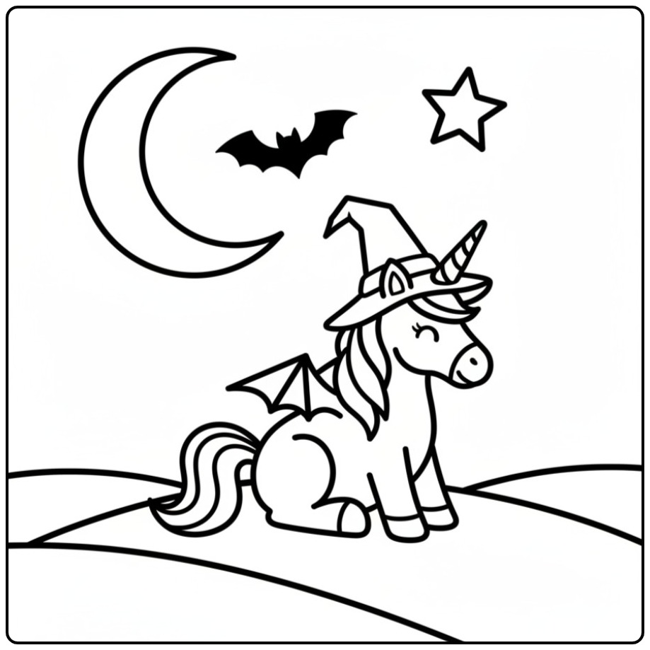 Dessin d'une créature magique, un coloriage licorne halloween.