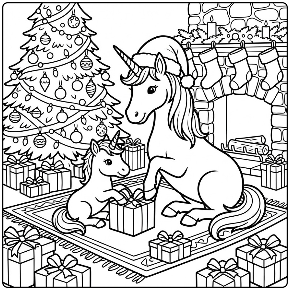 Un magique coloriage licorne noel avec une maman et son bébé.