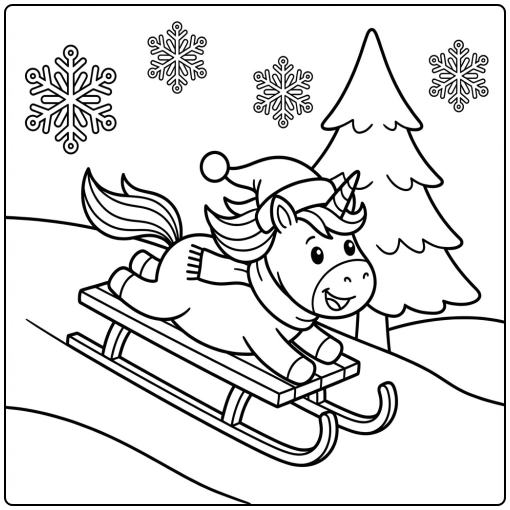 Une adorable licorne sur une luge, un coloriage licorne noel.