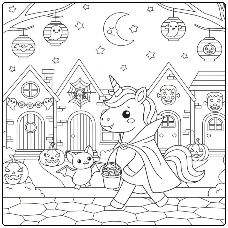 Coloriage licorne vampire Halloween avec sa petite chauve souris.
