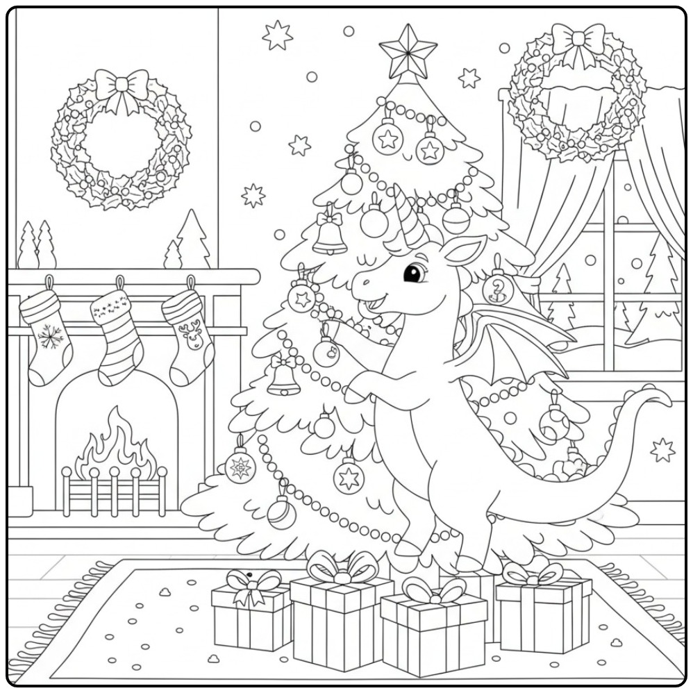 Un mignon Coloriage de Noël dragon licorne décorant le sapin.