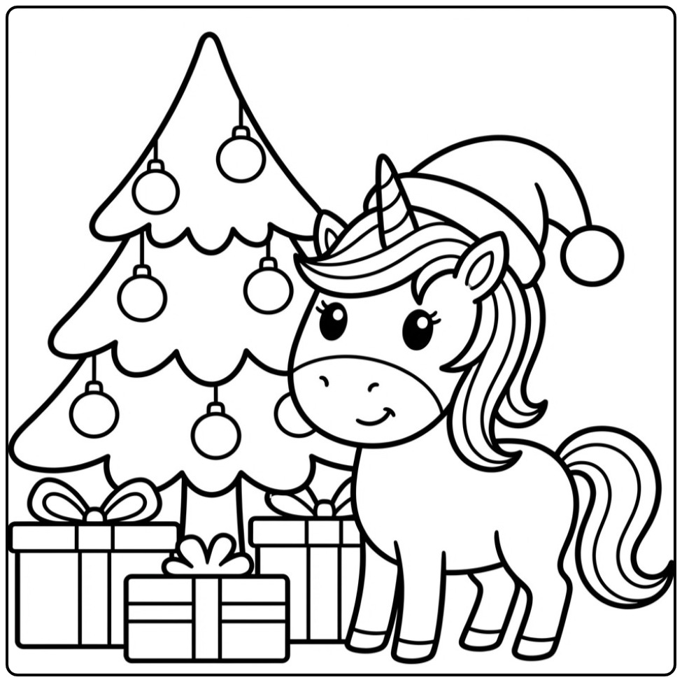 Dessin d'une licorne avec son sapin, un coloriage licorne noel.