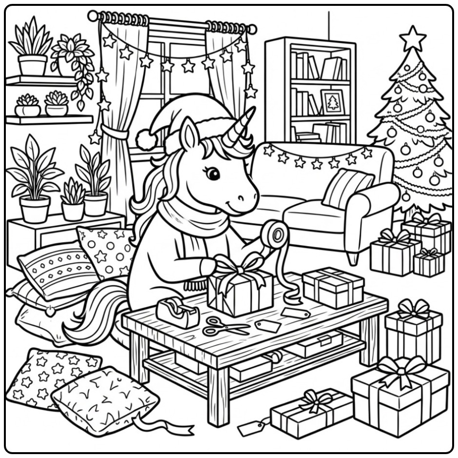 Une licorne prépare les cadeaux dans ce coloriage licorne noel.