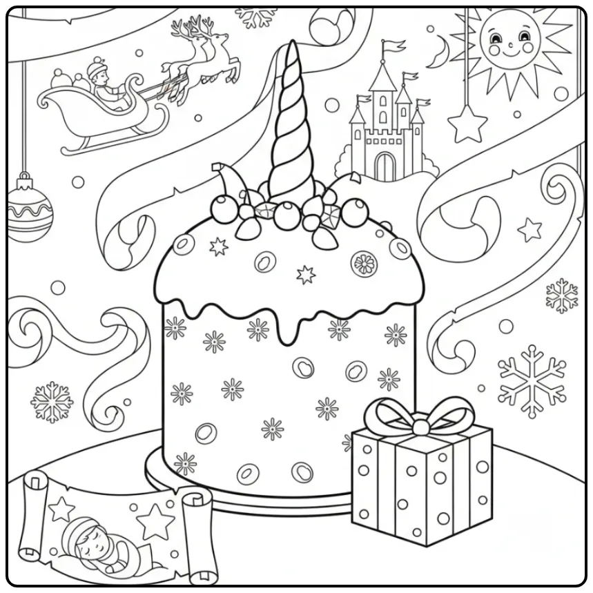 Un dessin festif pour un coloriage gateau licorne panettone.