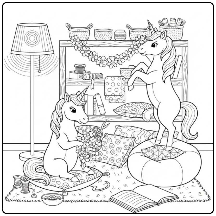 Amusant coloriage licorne fleur dans un atelier de création.
