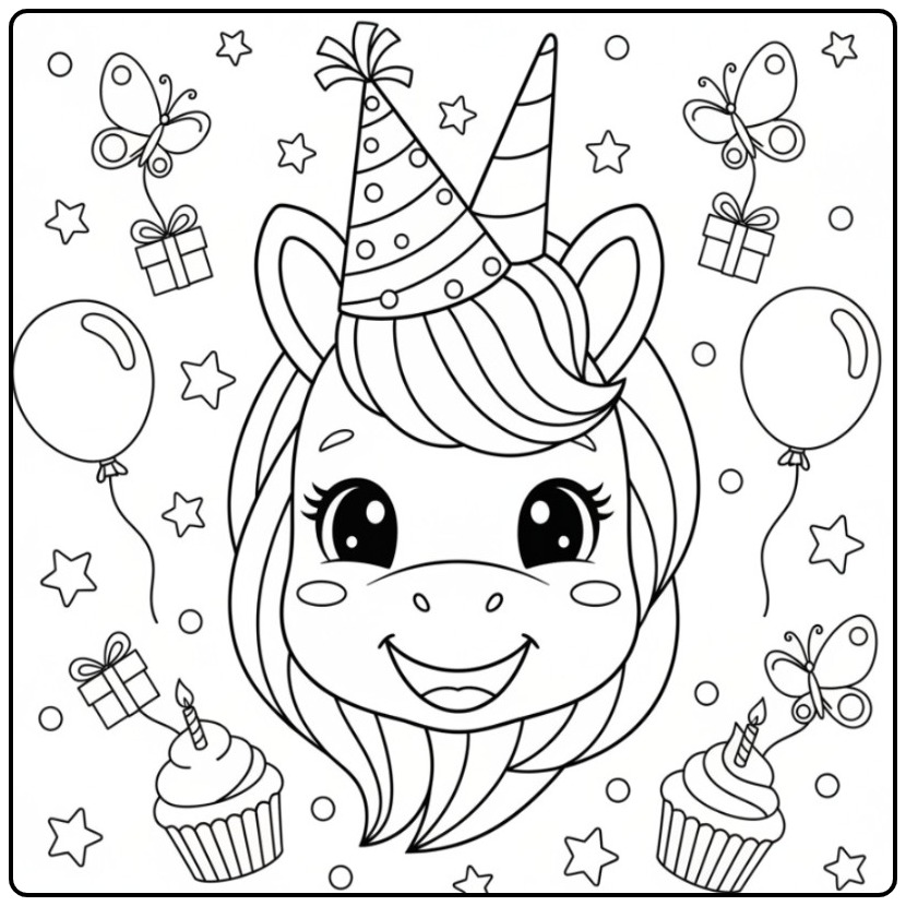 Joli Coloriage d’anniversaire licorne papillon avec gâteaux.
