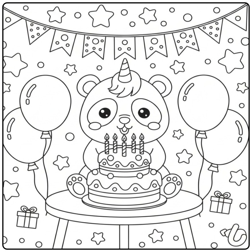 Un mignon Coloriage d’anniversaire panda licorne avec un gâteau.