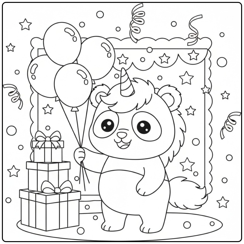 Un mignon Coloriage d’anniversaire panda licorne avec ballons.