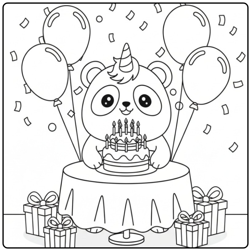 Joli Coloriage d’anniversaire panda licorne avec son gâteau.