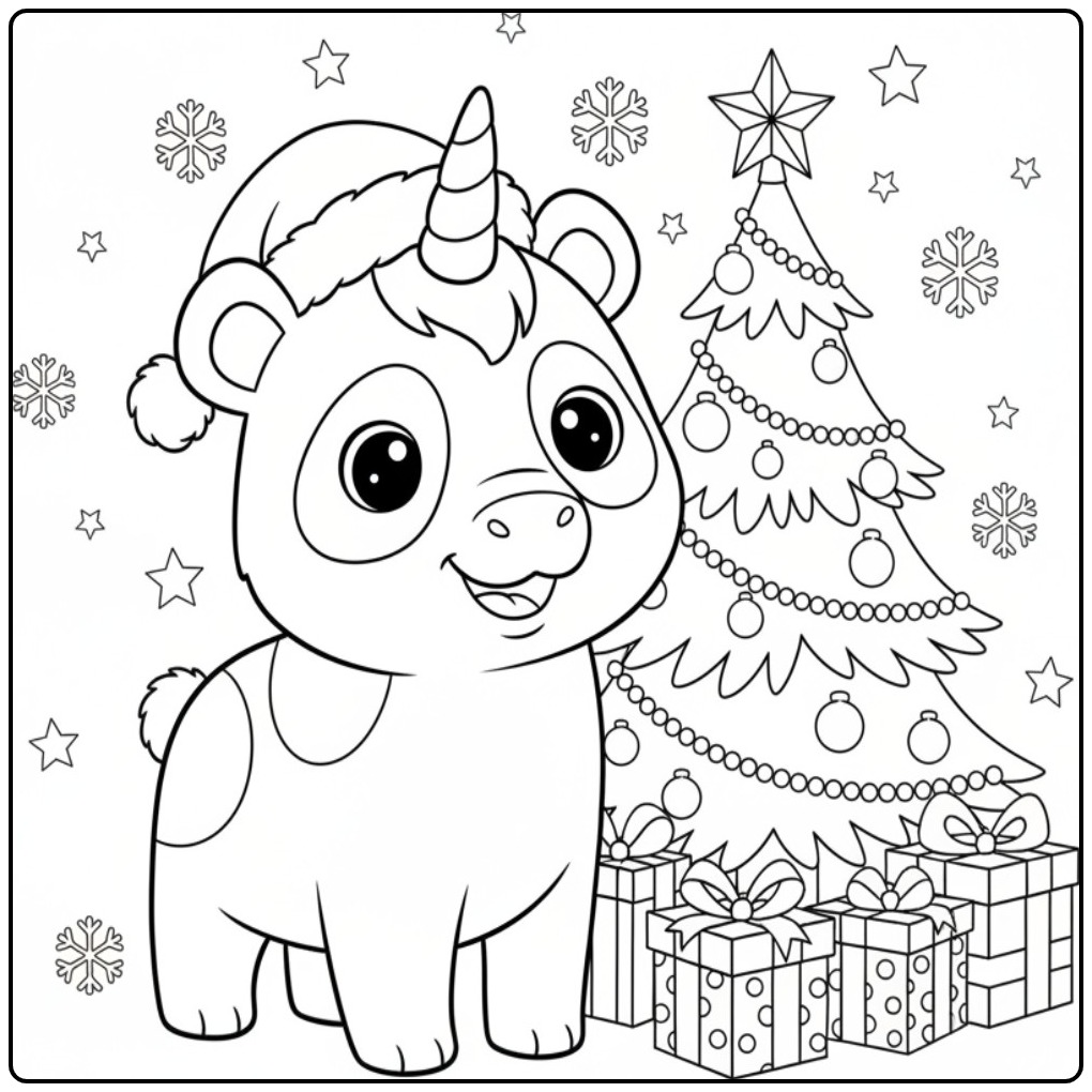 Un mignon Coloriage de Noël panda licorne avec un bonnet.