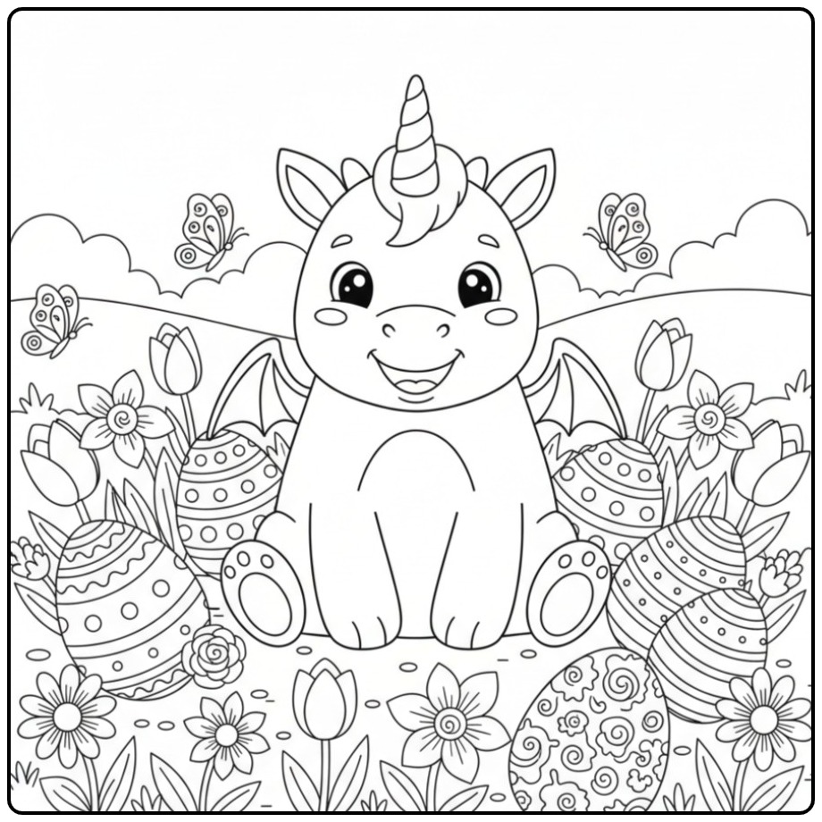 Un mignon Coloriage de Pâques dragon licorne parmi les œufs.