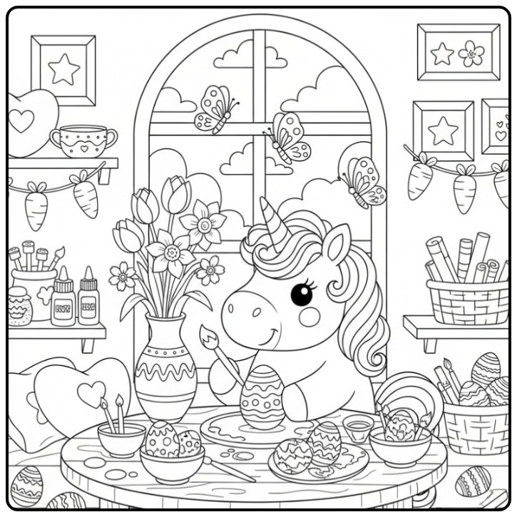 Coloriage de Pâques licorne papillon en train de peindre.