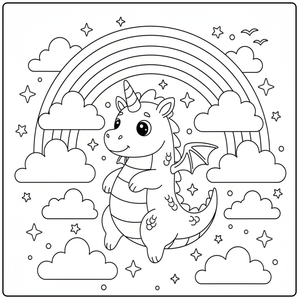 Mignon Coloriage dragon licorne et arc-en-ciel dans un ciel étoilé.