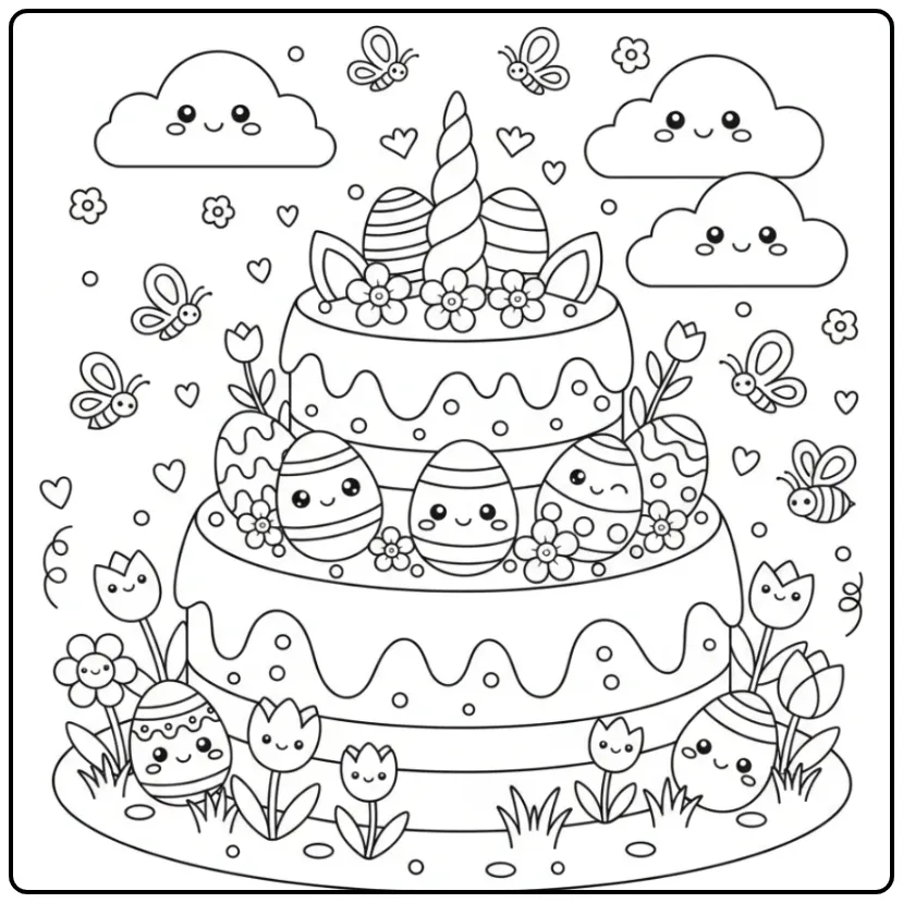Dessin d'un Coloriage gateau de Pâques licorne avec des oeufs.