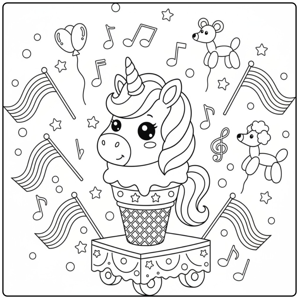 Un mignon Coloriage glace licorne arc-en-ciel pour la parade.
