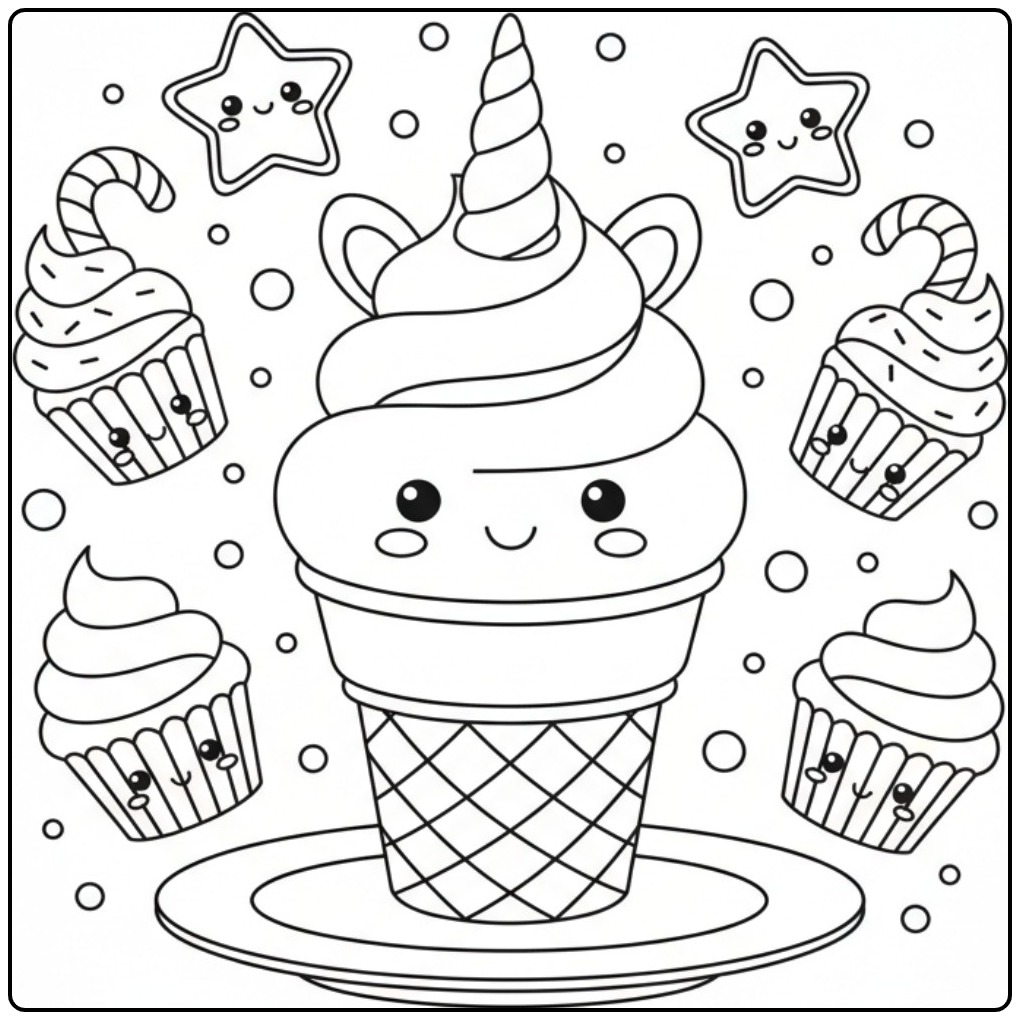 Coloriage glace licorne gourmandise & bonbons et ses amis cupcakes.