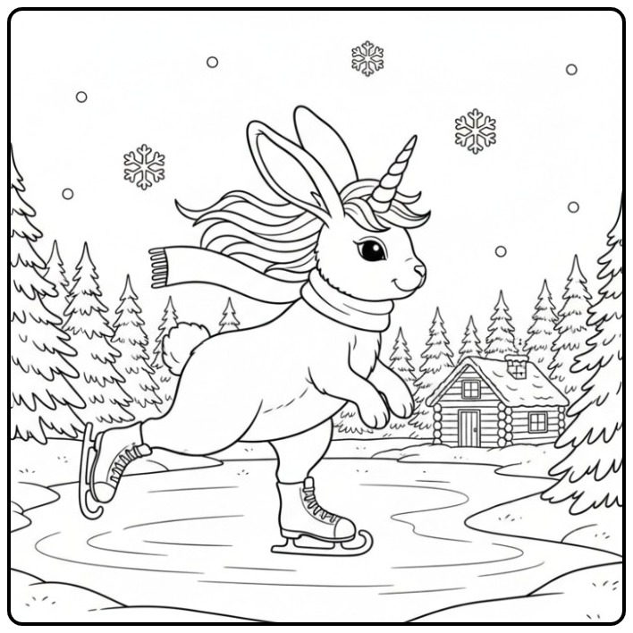 Dessin d'un coloriage lapin licorne qui fait du patinage.