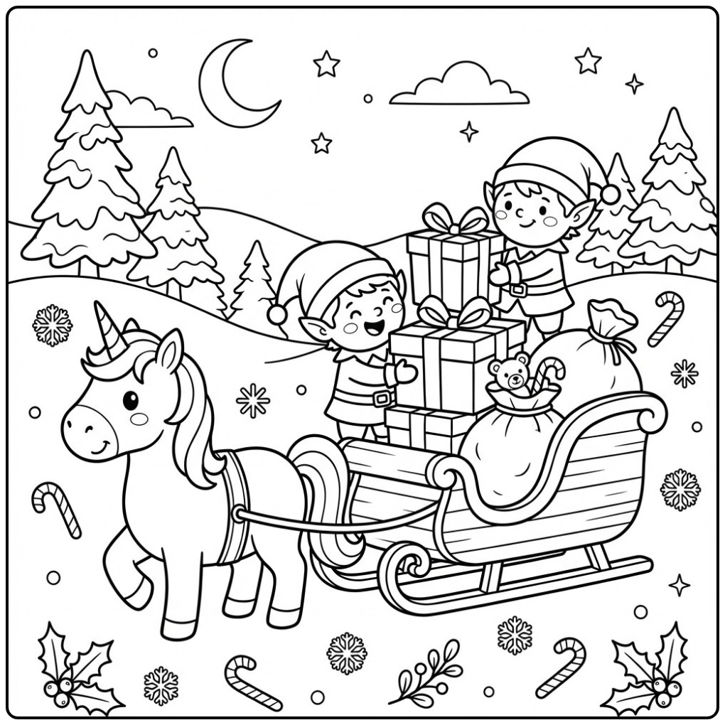 Dessin à imprimer d'un coloriage Licorne de Noël et Lutins de Noël.