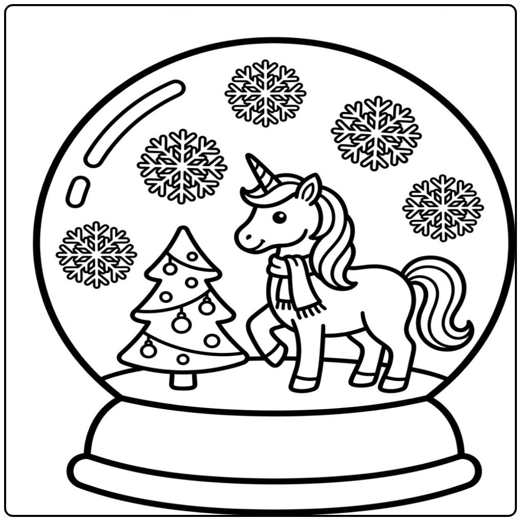 Un joli coloriage licorne noel dans une boule à neige magique.
