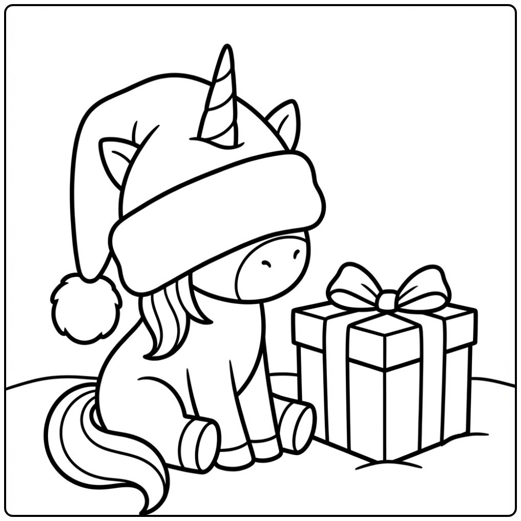 Un adorable coloriage licorne noel avec son cadeau.