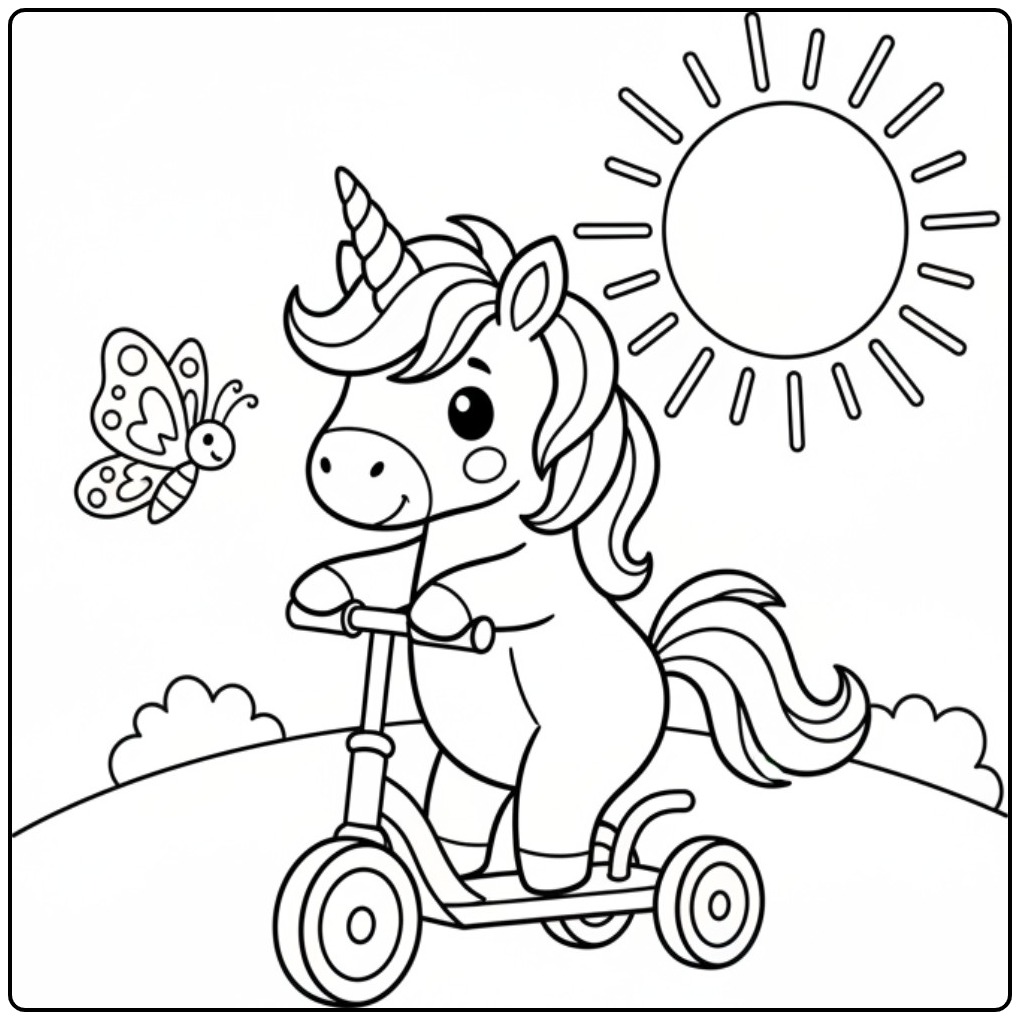 Un simple coloriage licorne papillon faisant de la trottinette.