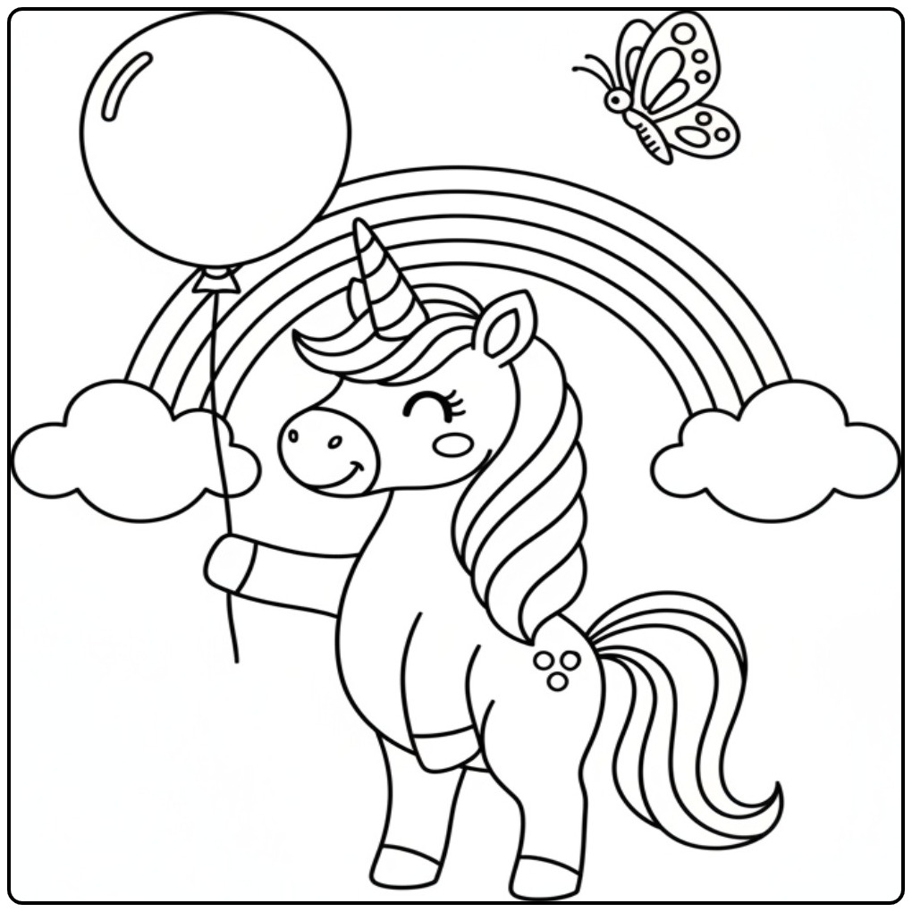 Un joli dessin de coloriage licorne papillon avec un ballon.