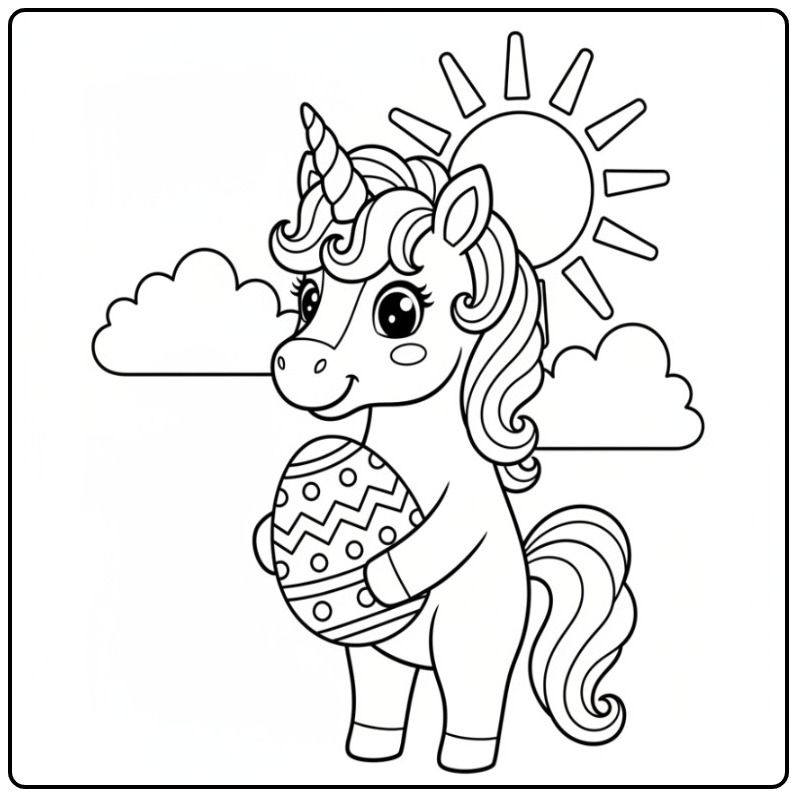 Ador coloriage licorne paques, licorne tenant un œuf de Pâques au soleil.