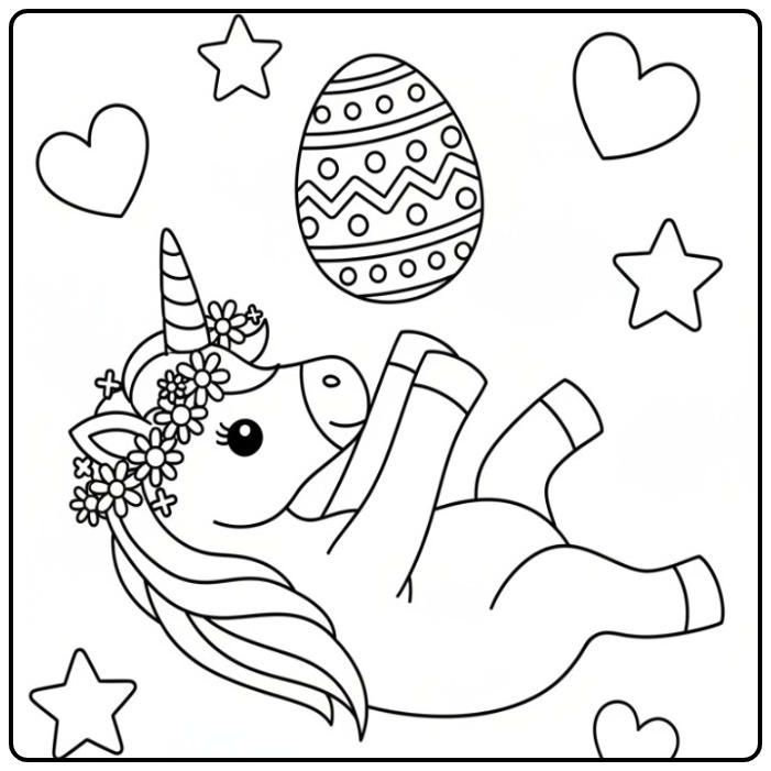 Coloriage licorne paques avec œuf décoré, étoiles et cœurs joyeux.