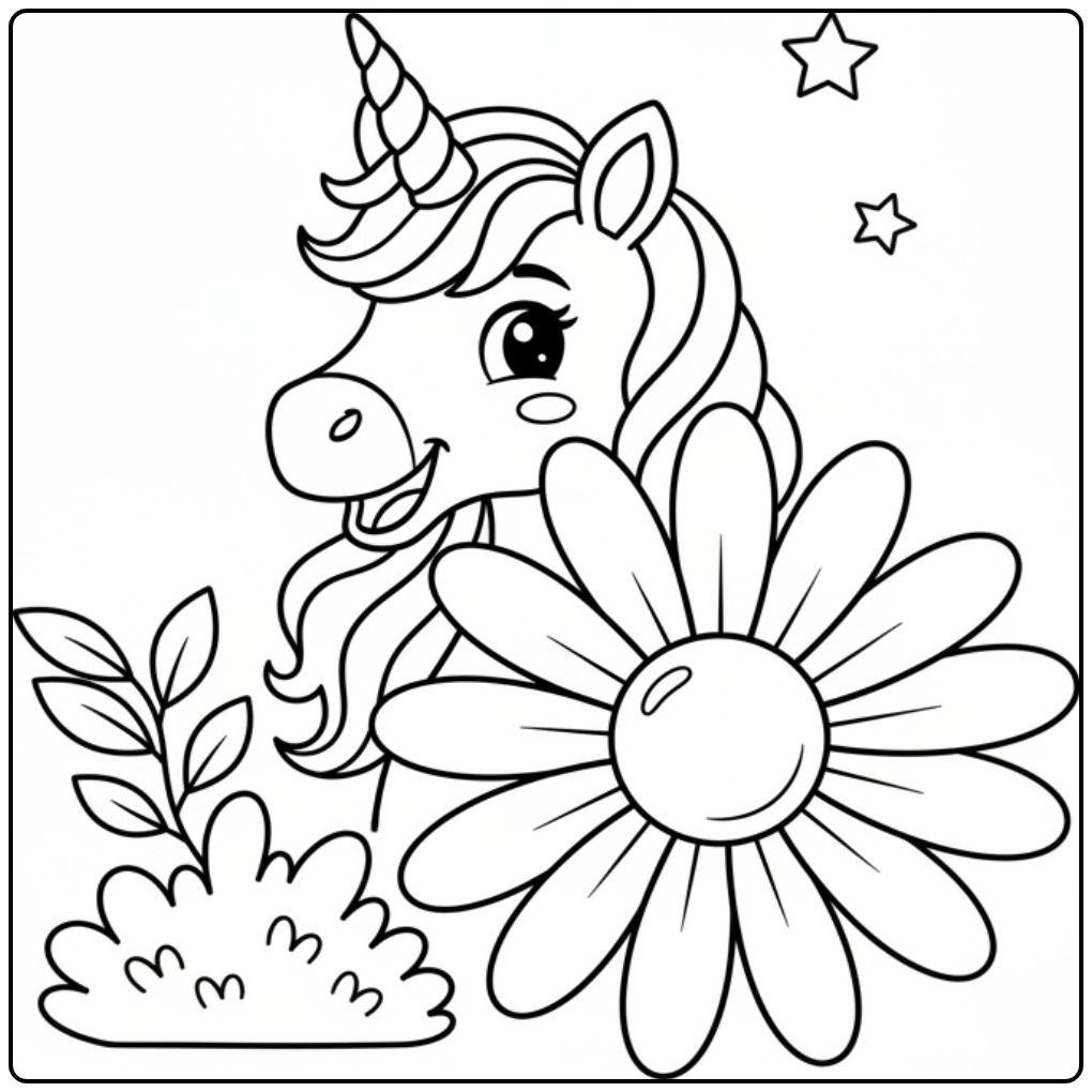 Un joli coloriage licorne fleur avec de grands yeux souriants.
