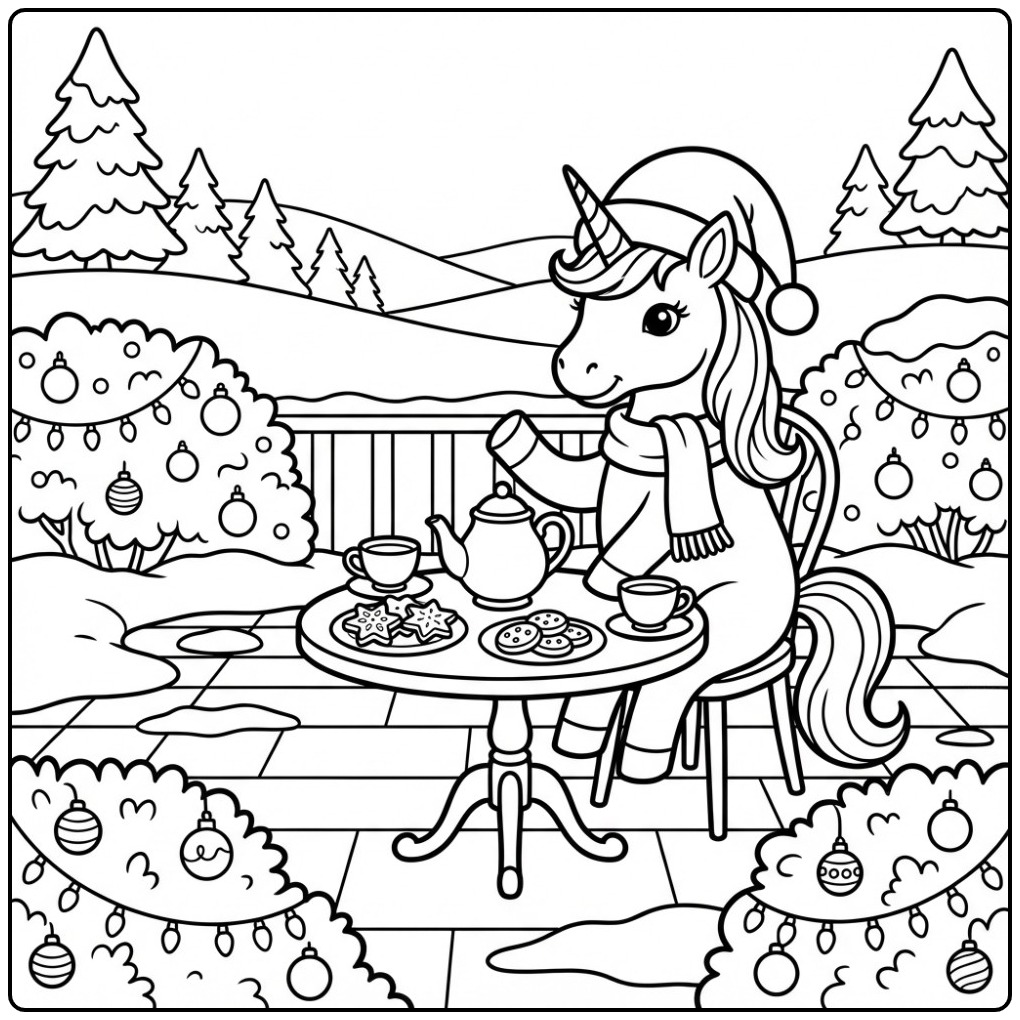 Adorable dessin de coloriage licorne noel prenant le thé.